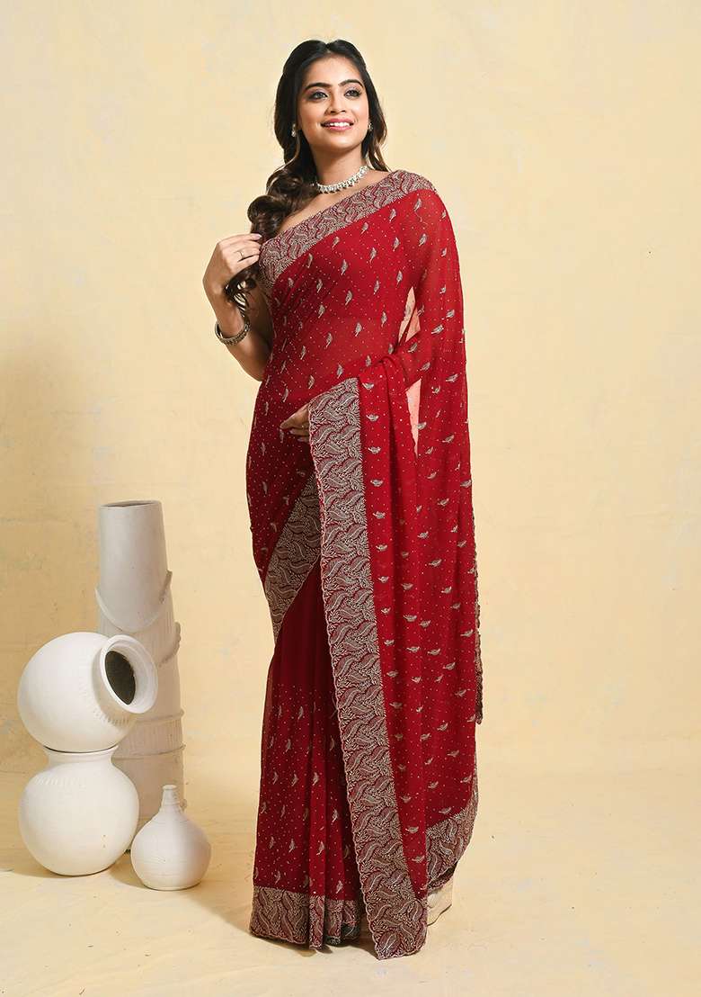 Maroon Embellished Georgette Saree Set for Diwali | Wedding & Festive Wear - Indya