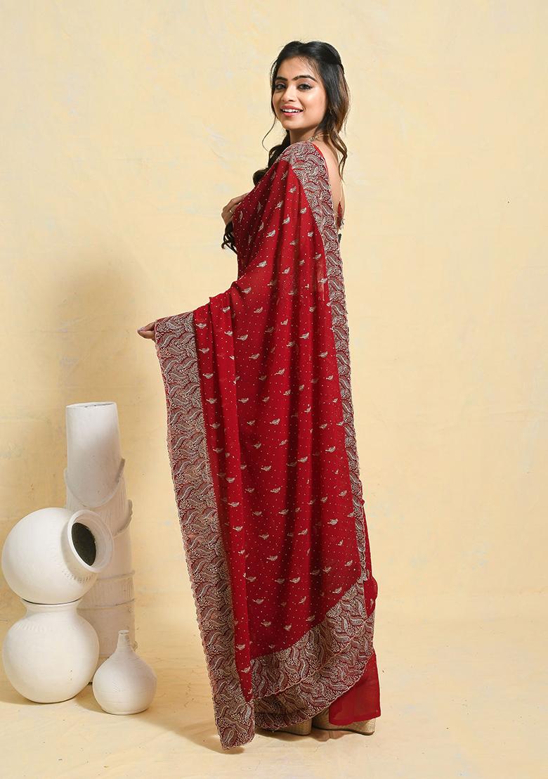 Maroon Embellished Georgette Saree Set