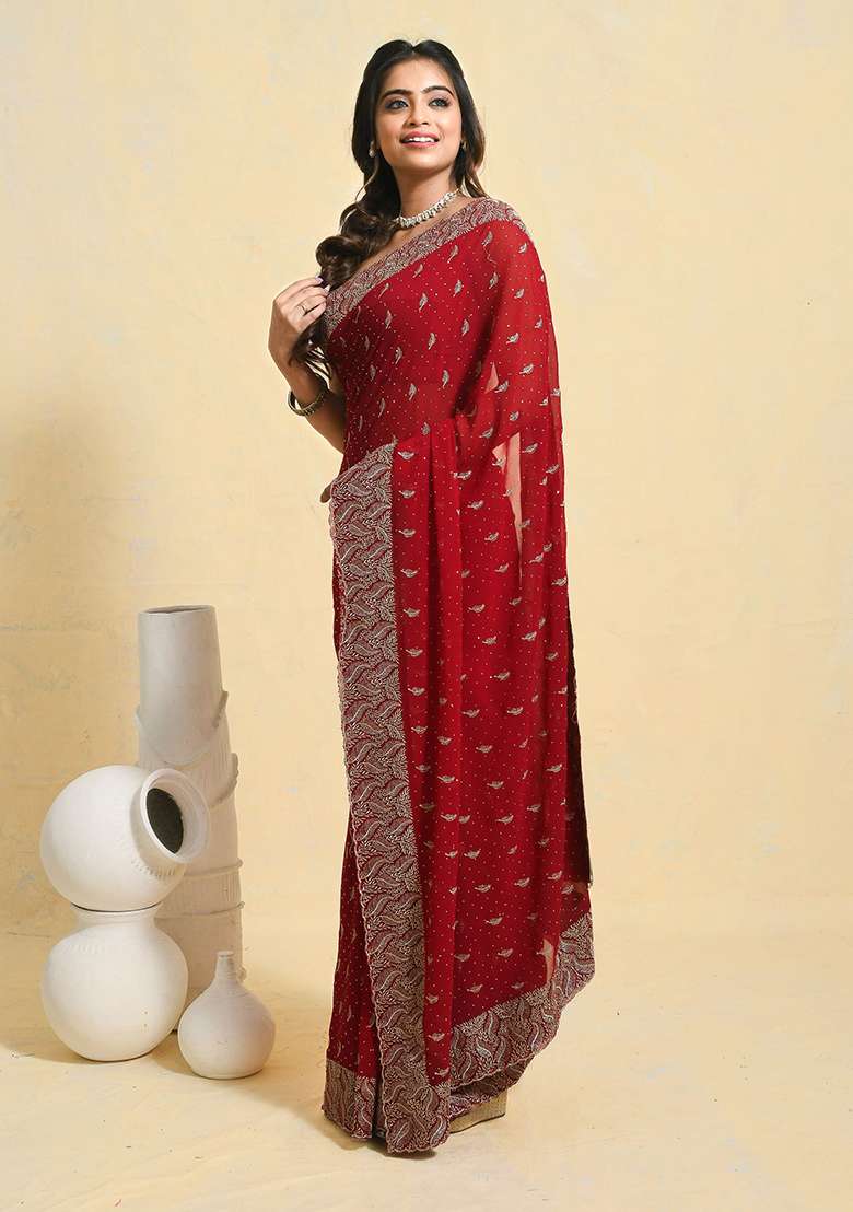 Maroon Embellished Georgette Saree Set for Diwali | Wedding & Festive Wear - Indya