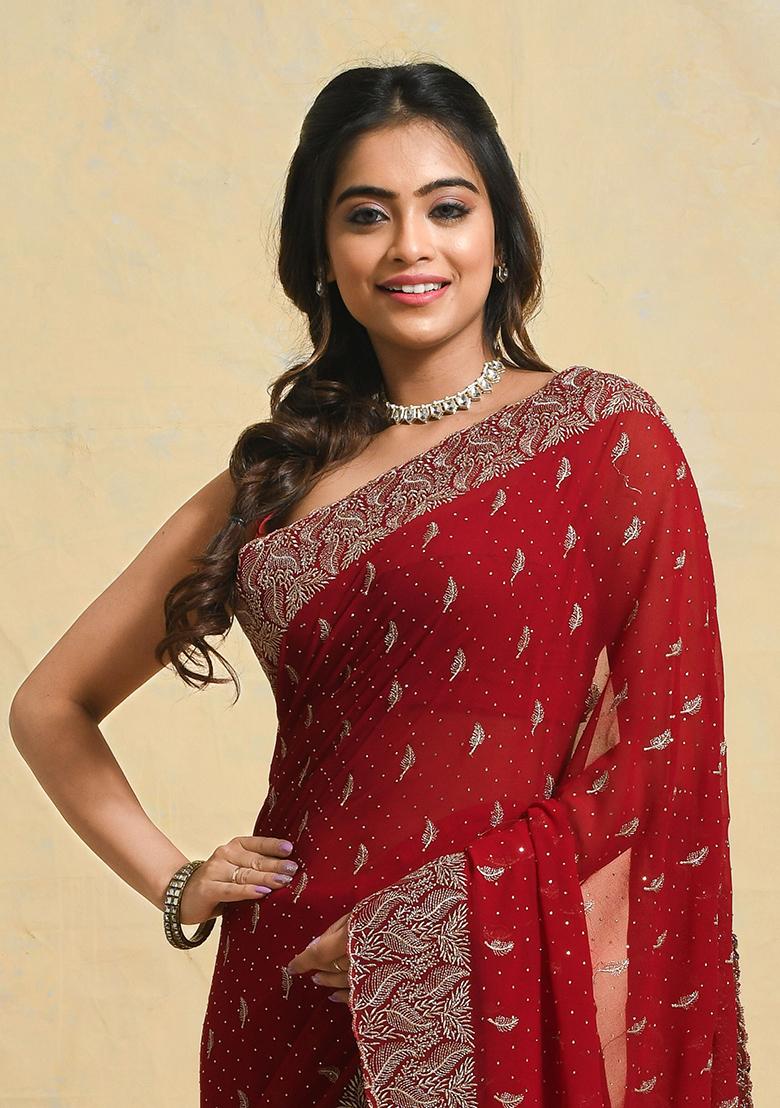 Maroon Embellished Georgette Saree Set