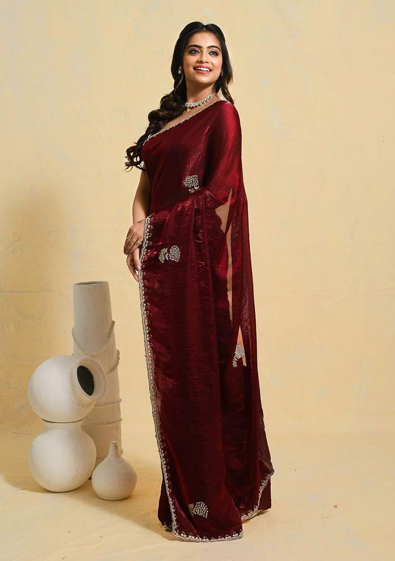Maroon Embellished Satin Saree Set