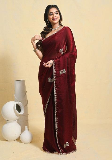 Maroon Embellished Satin Saree Set