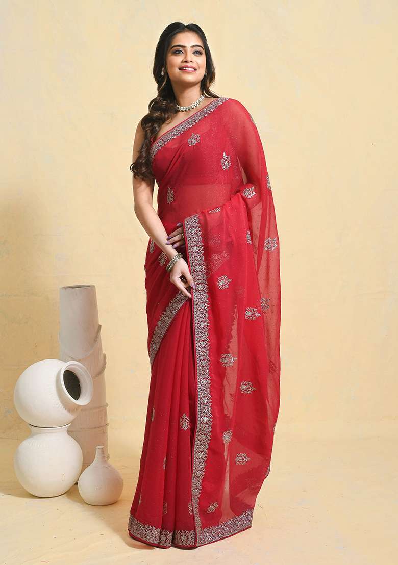 Pink Embellished Georgette Saree Set for Diwali | Wedding & Festive Wear - Indya