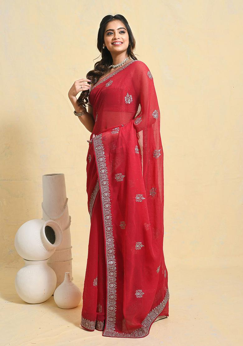 Pink Embellished Georgette Saree Set