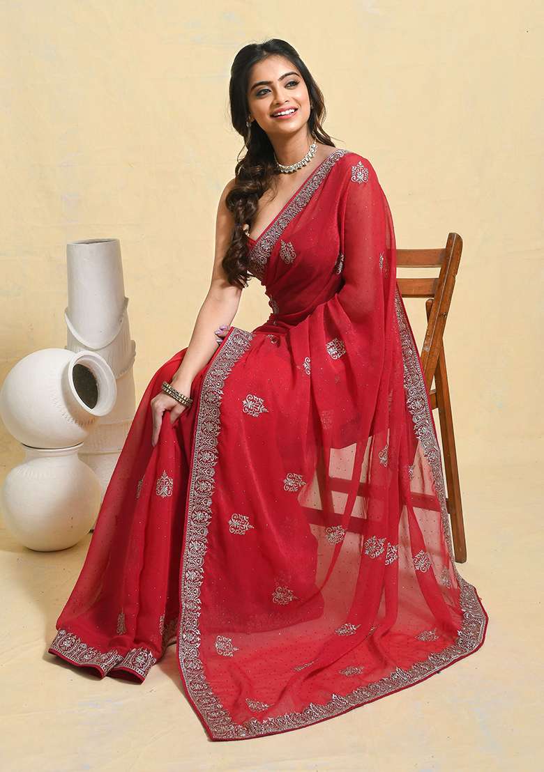 Pink Embellished Georgette Saree Set for Diwali | Wedding & Festive Wear - Indya