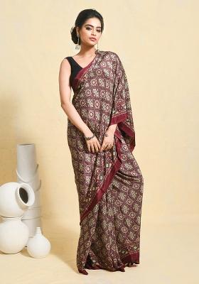 Maroon Printed Satin Saree Set