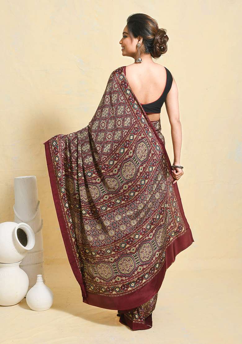 Maroon Printed Satin Saree Set for Diwali and Festive Wear - Indya