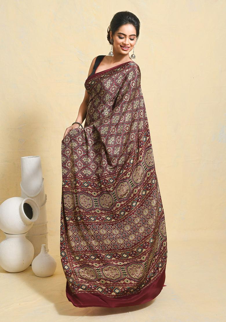 Maroon Printed Satin Saree Set