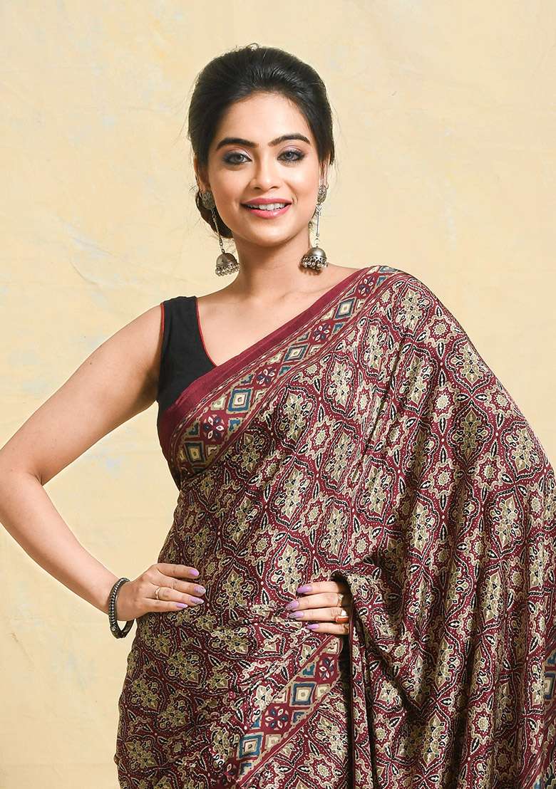 Maroon Printed Satin Saree Set for Diwali and Festive Wear - Indya