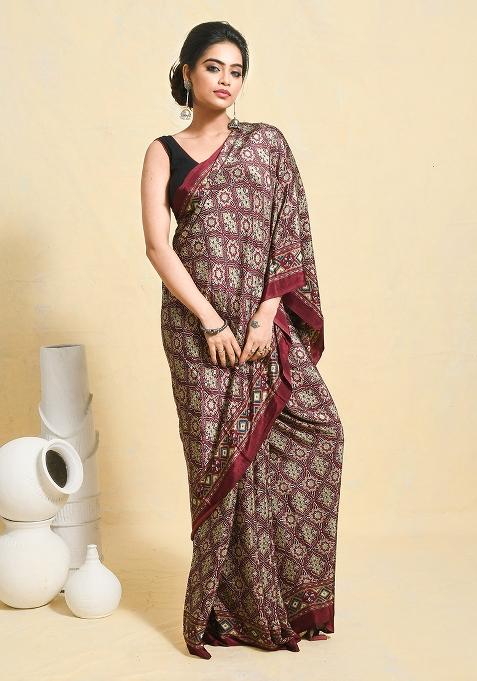 Maroon Printed Satin Saree Set