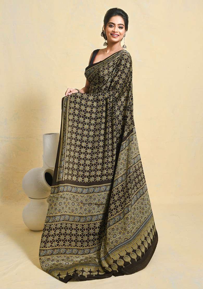 Brown Printed Satin Saree Set for Diwali and Festive Wear - Indya