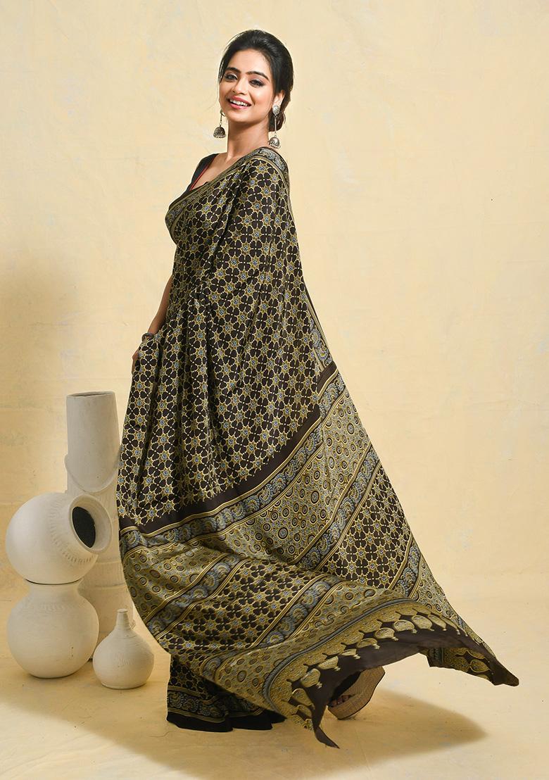 Brown Printed Satin Saree Set