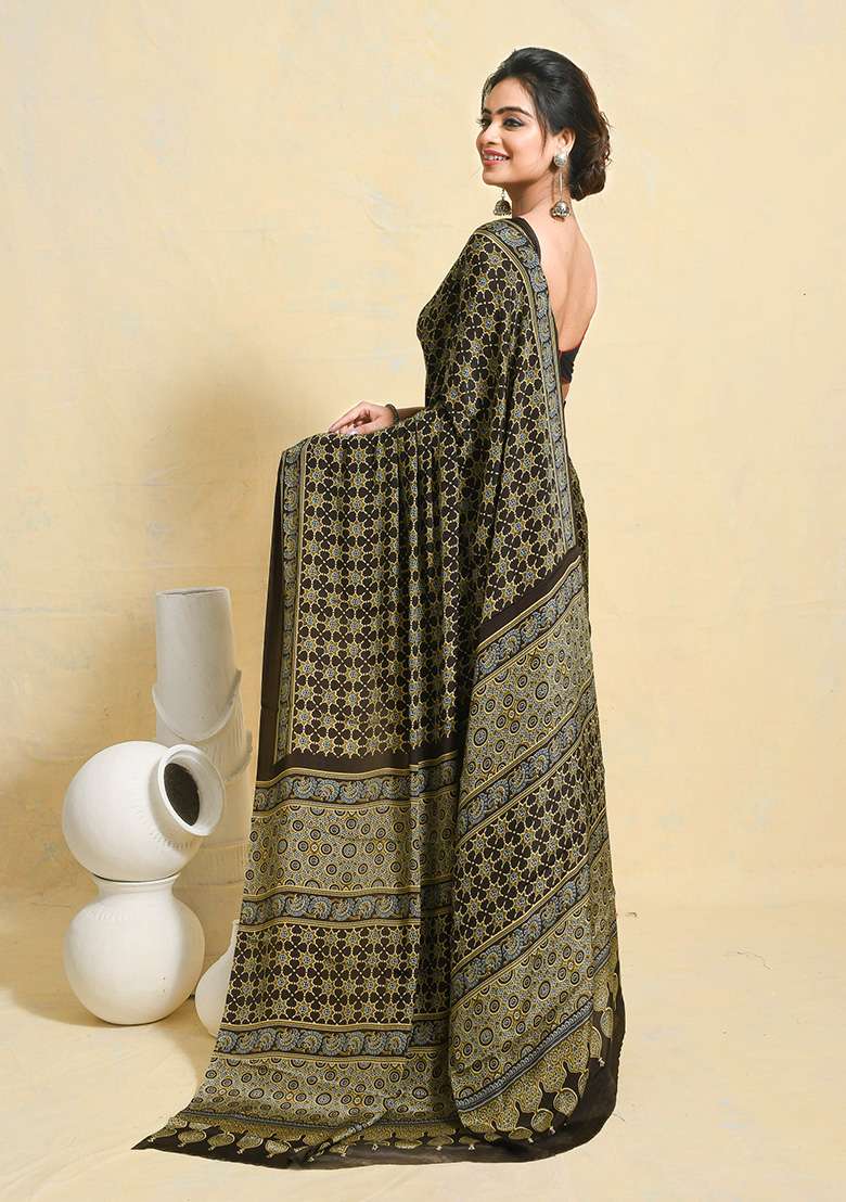 Brown Printed Satin Saree Set for Diwali and Festive Wear - Indya