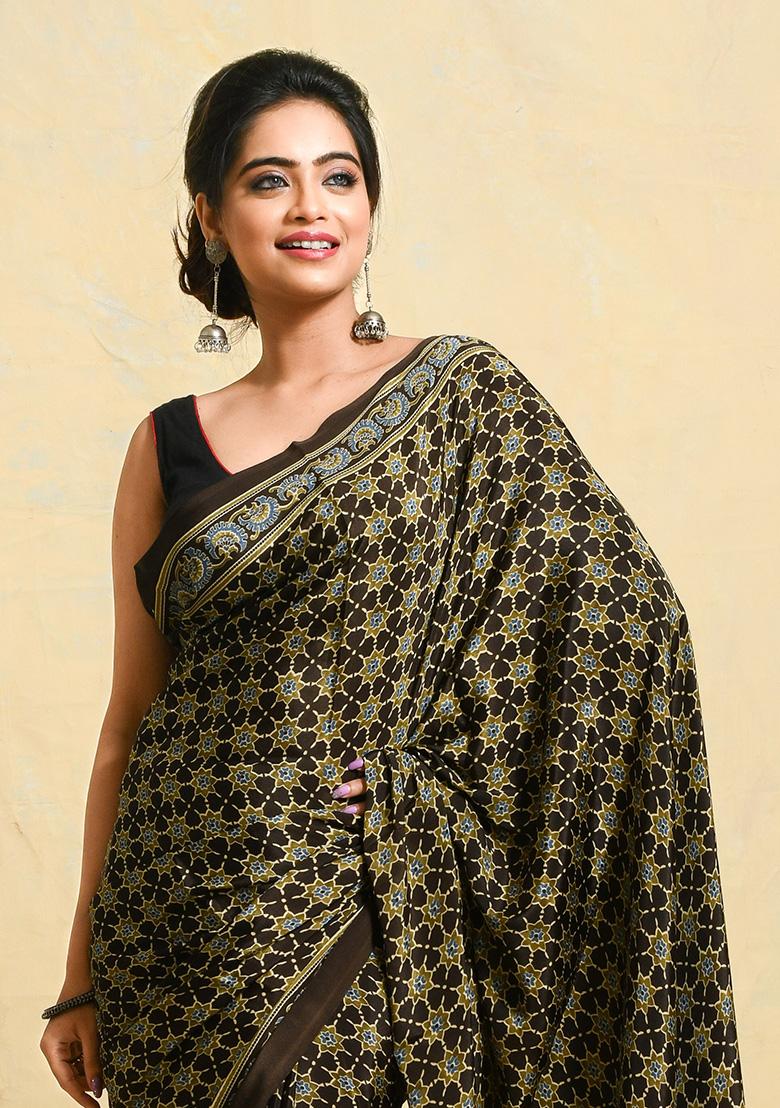 Brown Printed Satin Saree Set