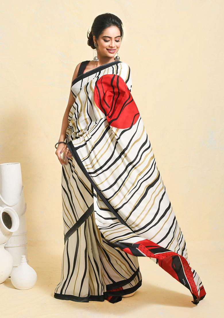 White Printed Satin Saree Set