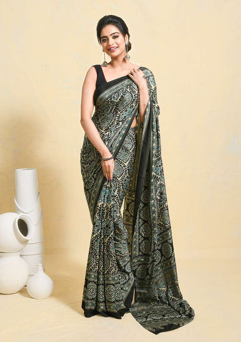 Multi Printed Satin Saree Set for Diwali and Festive Wear - Indya