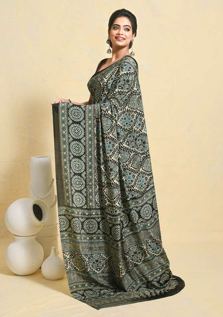 Multi Printed Satin Saree Set for Diwali and Festive Wear - Indya