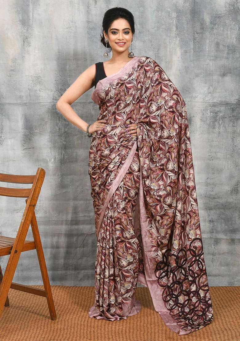 Multi Printed Satin Saree Set for Diwali and Festive Wear - Indya