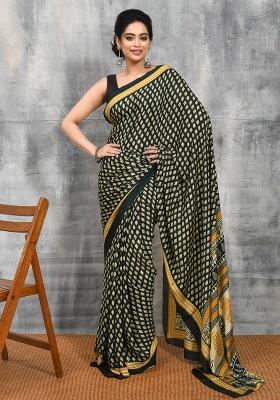 Green Printed Satin Saree Set