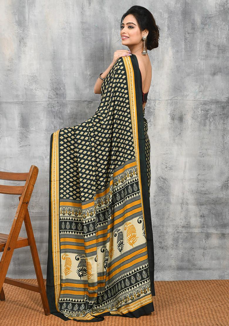 Green Printed Satin Saree Set
