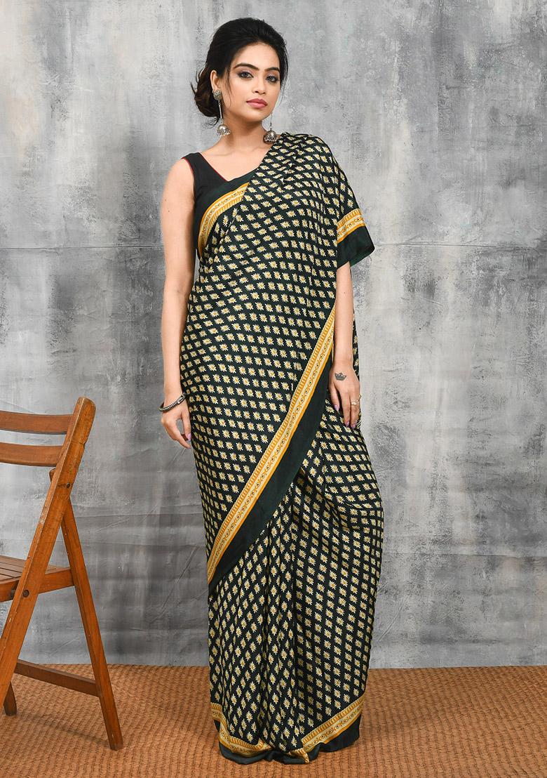 Green Printed Satin Saree Set