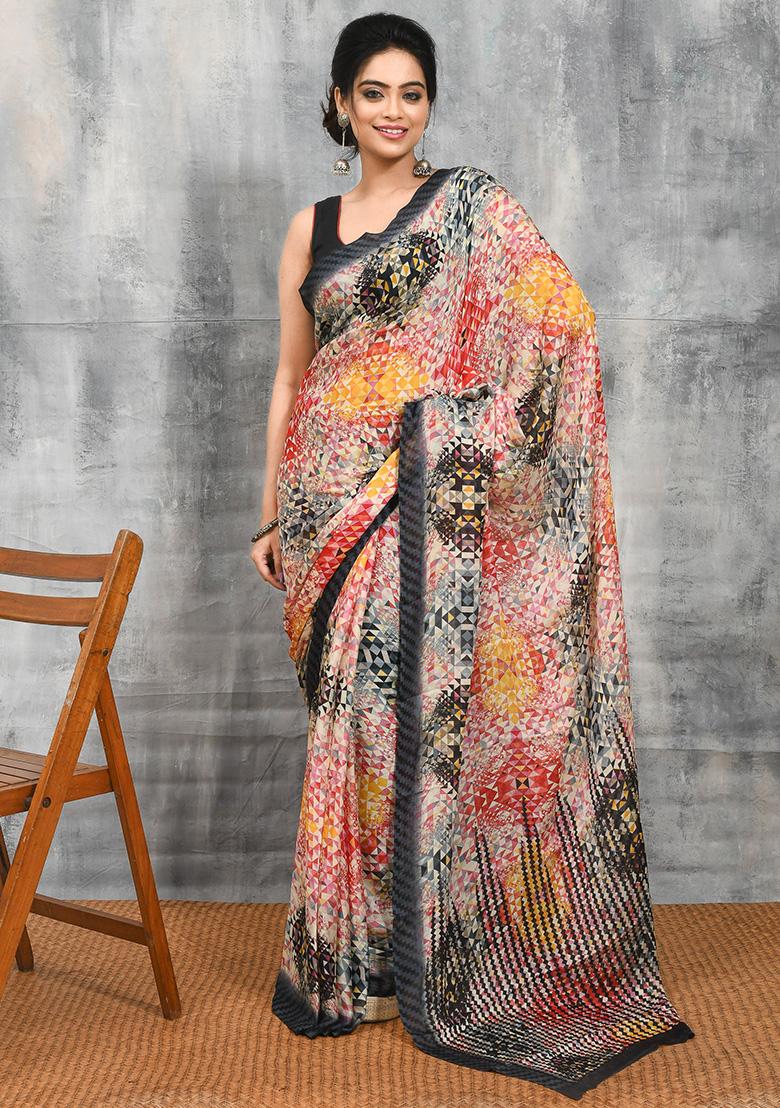 Multi Printed Chiffon Saree Set