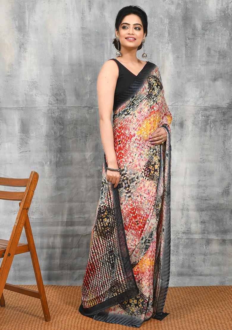 Multi Printed Chiffon Saree Set