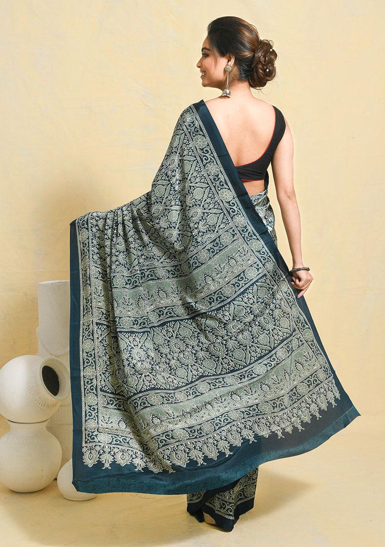 Blue Printed Satin Saree Set