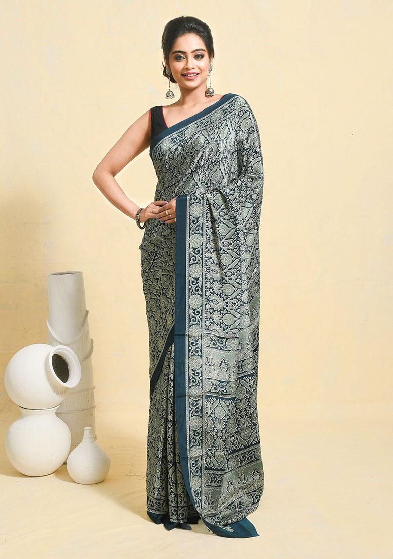 Blue Printed Satin Saree Set