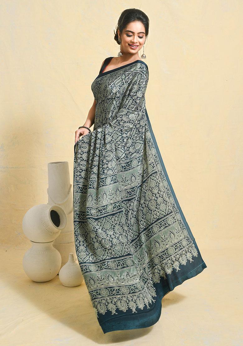 Blue Printed Satin Saree Set