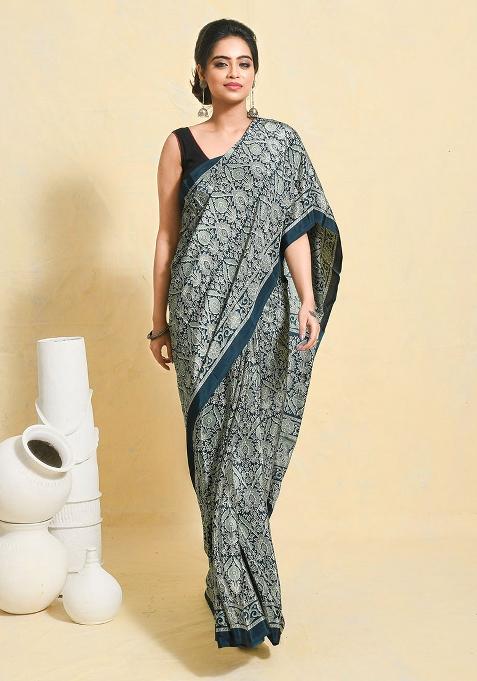 Blue Printed Satin Saree Set