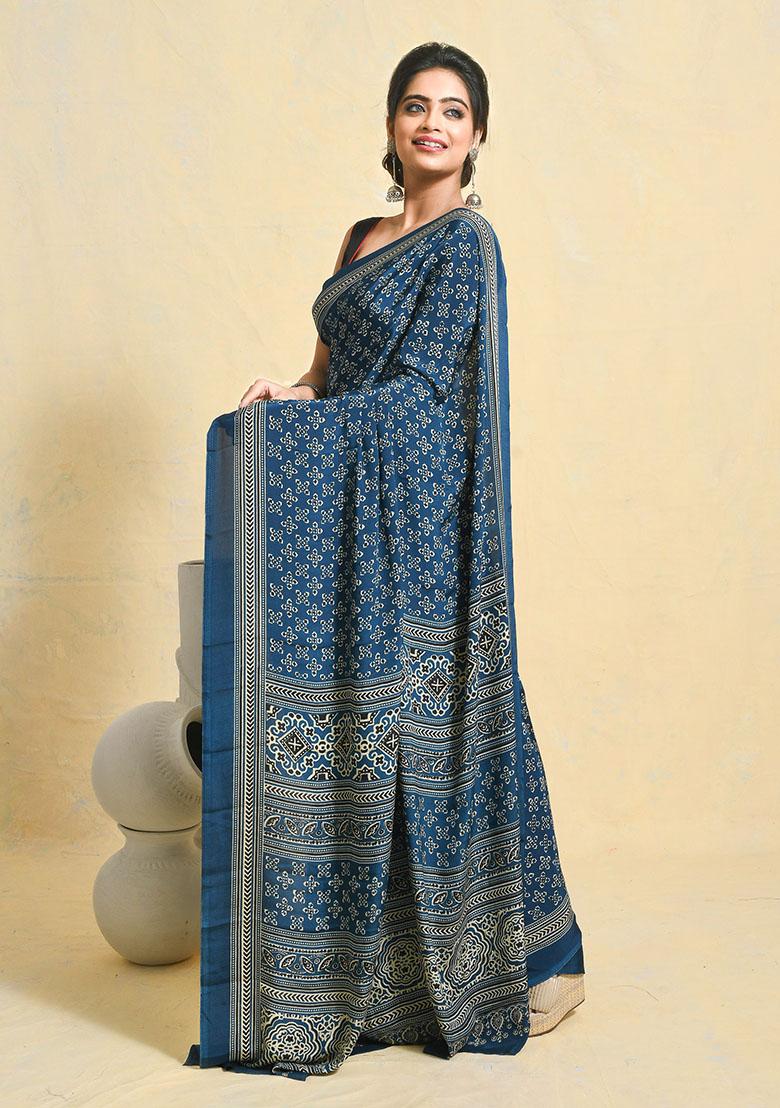 Blue Printed Satin Saree Set