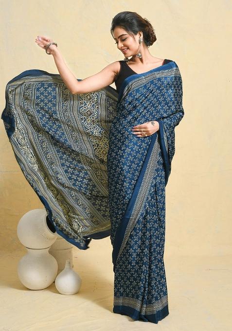 Blue Printed Satin Saree Set