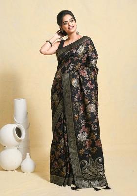 Black Printed Silk Saree Set