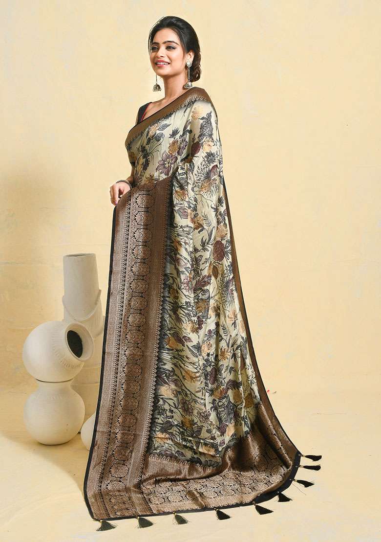 Off White Printed Silk Blend Saree Set - Indya