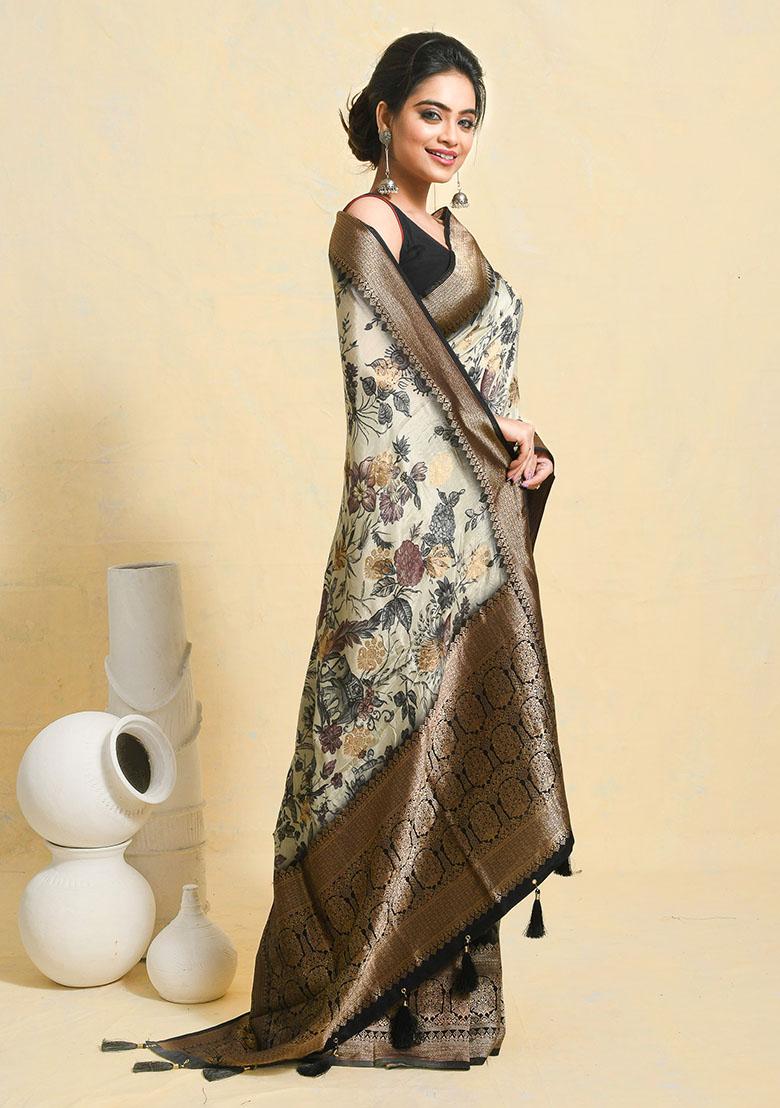 Off White Printed Silk Saree Set