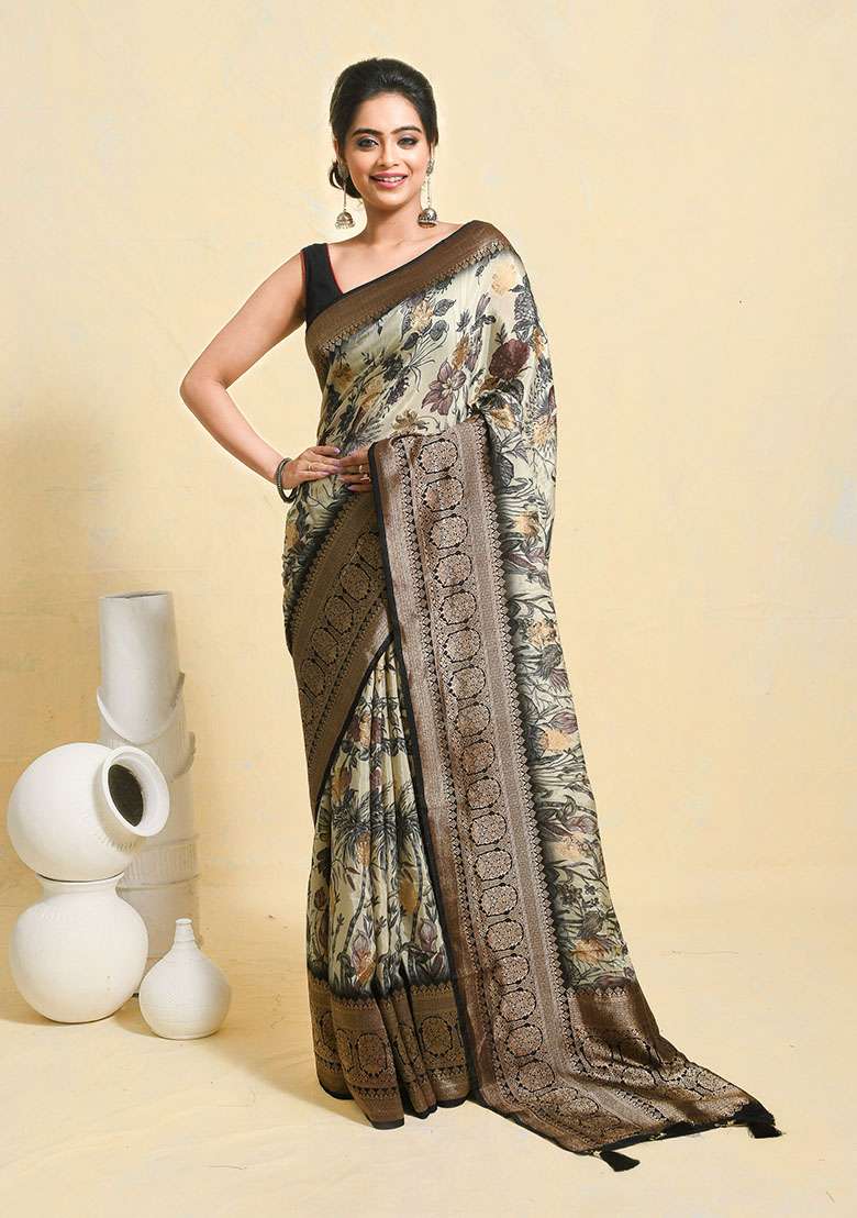 Off White Printed Silk Blend Saree Set - Indya