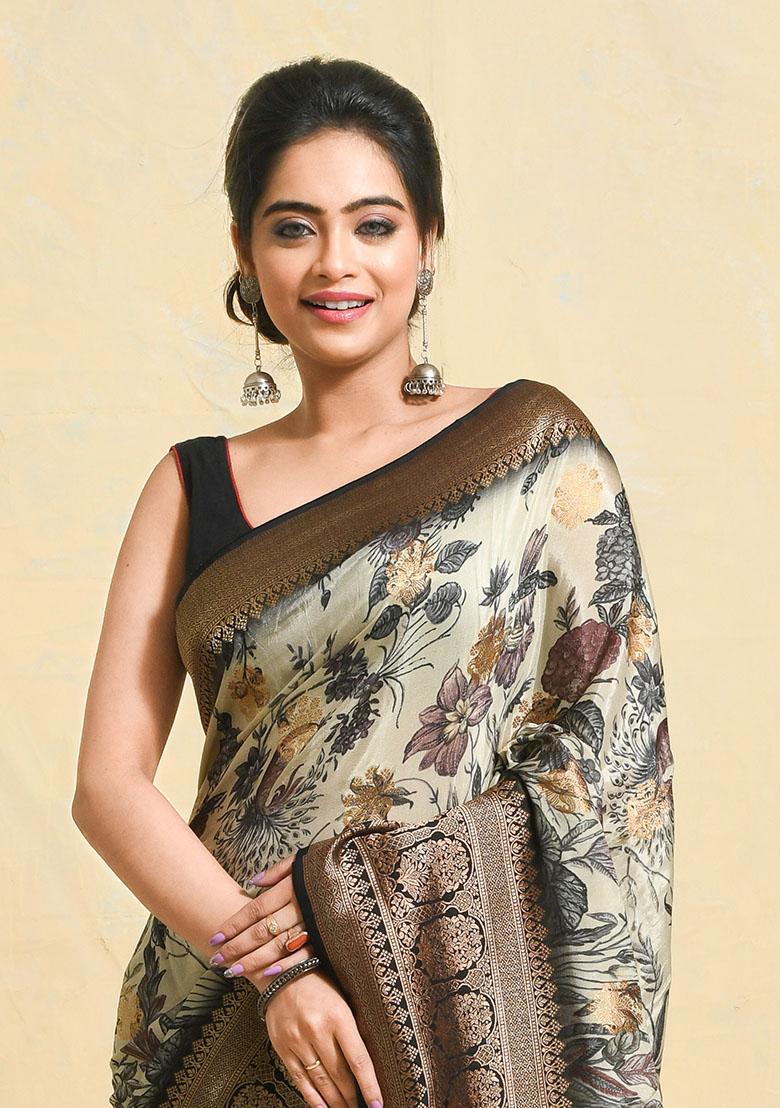 Off White Printed Silk Saree Set