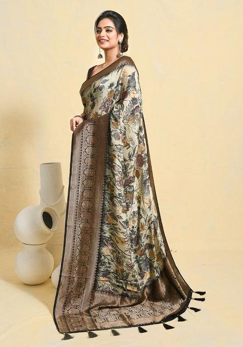 Off White Printed Silk Saree Set