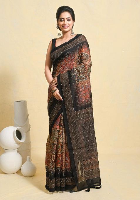 Multi Printed Art Silk Saree Set