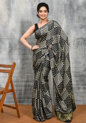 Black Printed Silk Saree Set