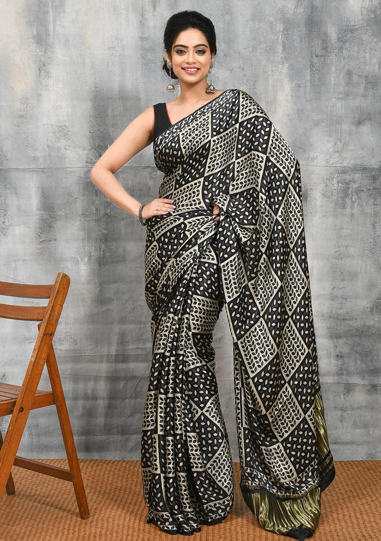 Black Printed Silk Saree Set
