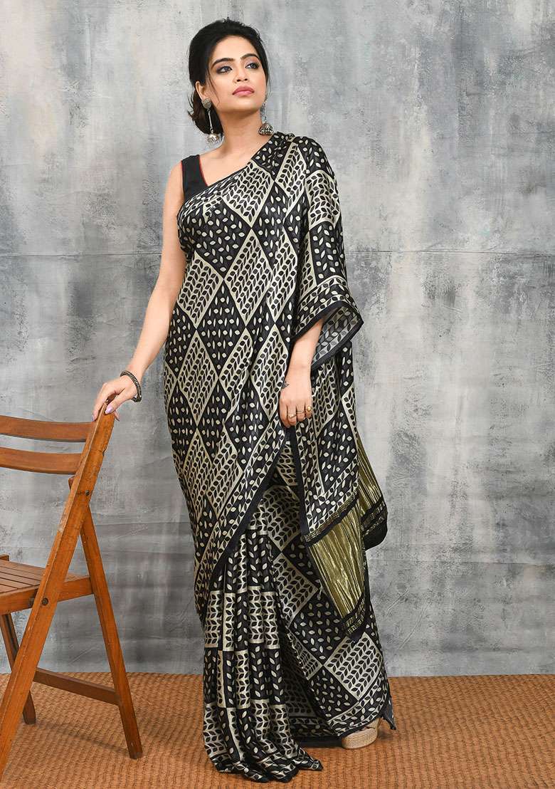 Black Printed Silk Blend Saree Set - Indya