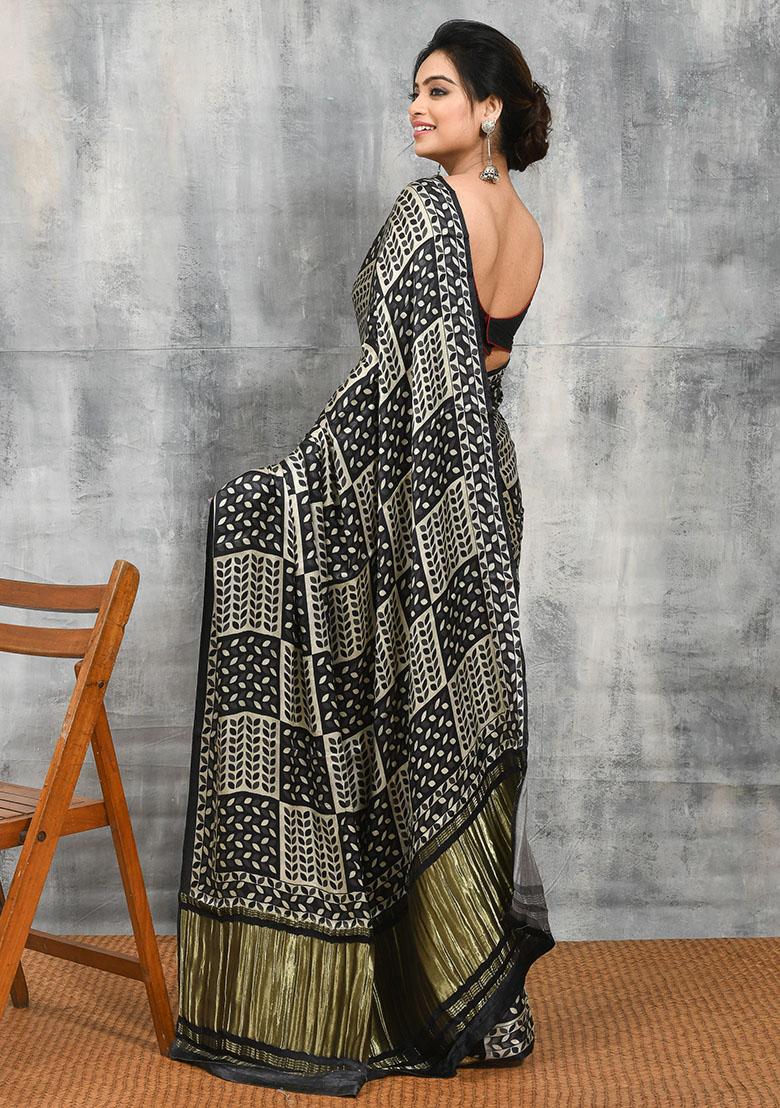 Black Printed Silk Saree Set