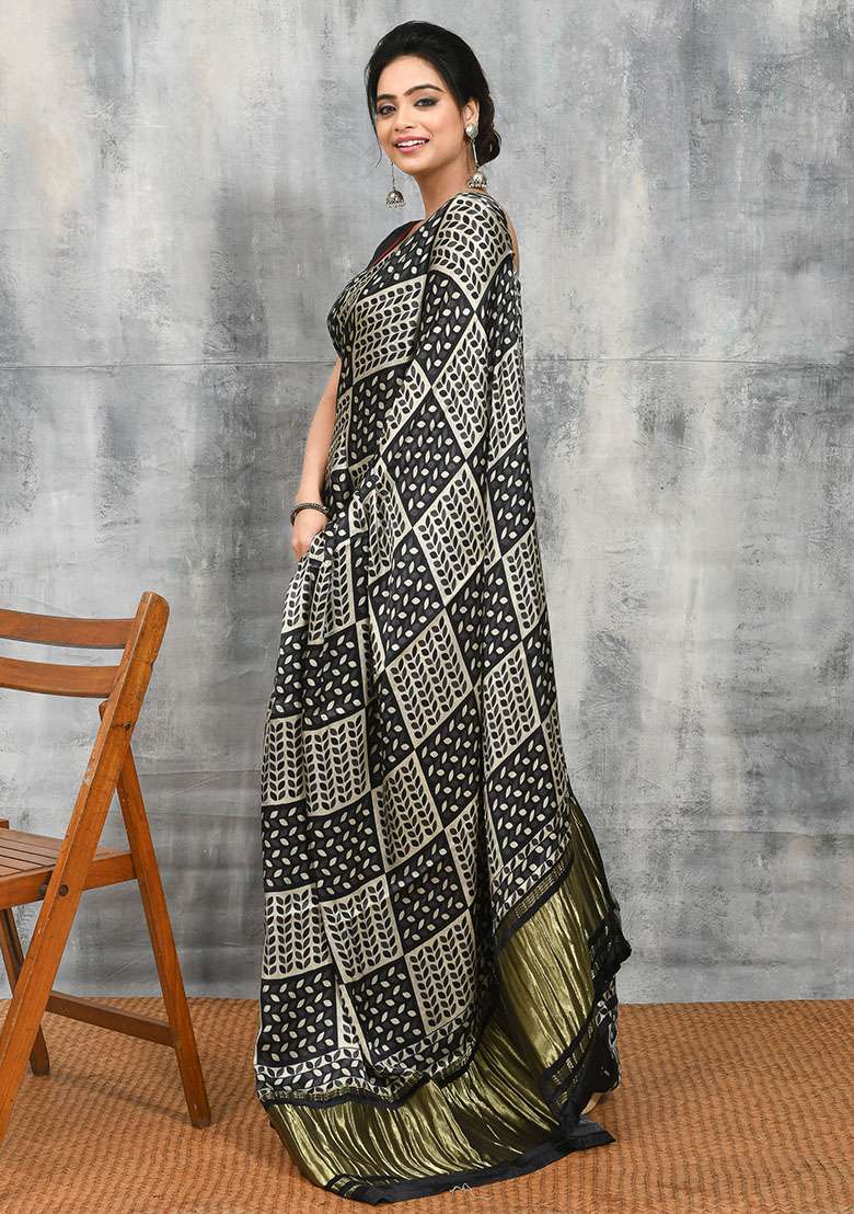 Black Printed Silk Blend Saree Set - Indya