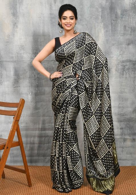 Black Printed Silk Saree Set