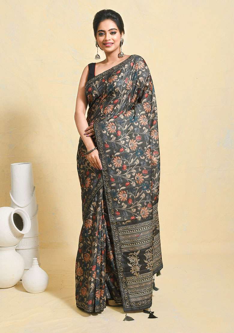 Green Printed Art Silk Blend Saree Set for Diwali and Festive Wear - Indya