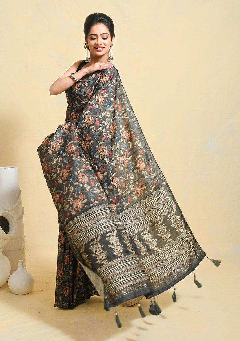 Green Printed Art Silk Saree Set