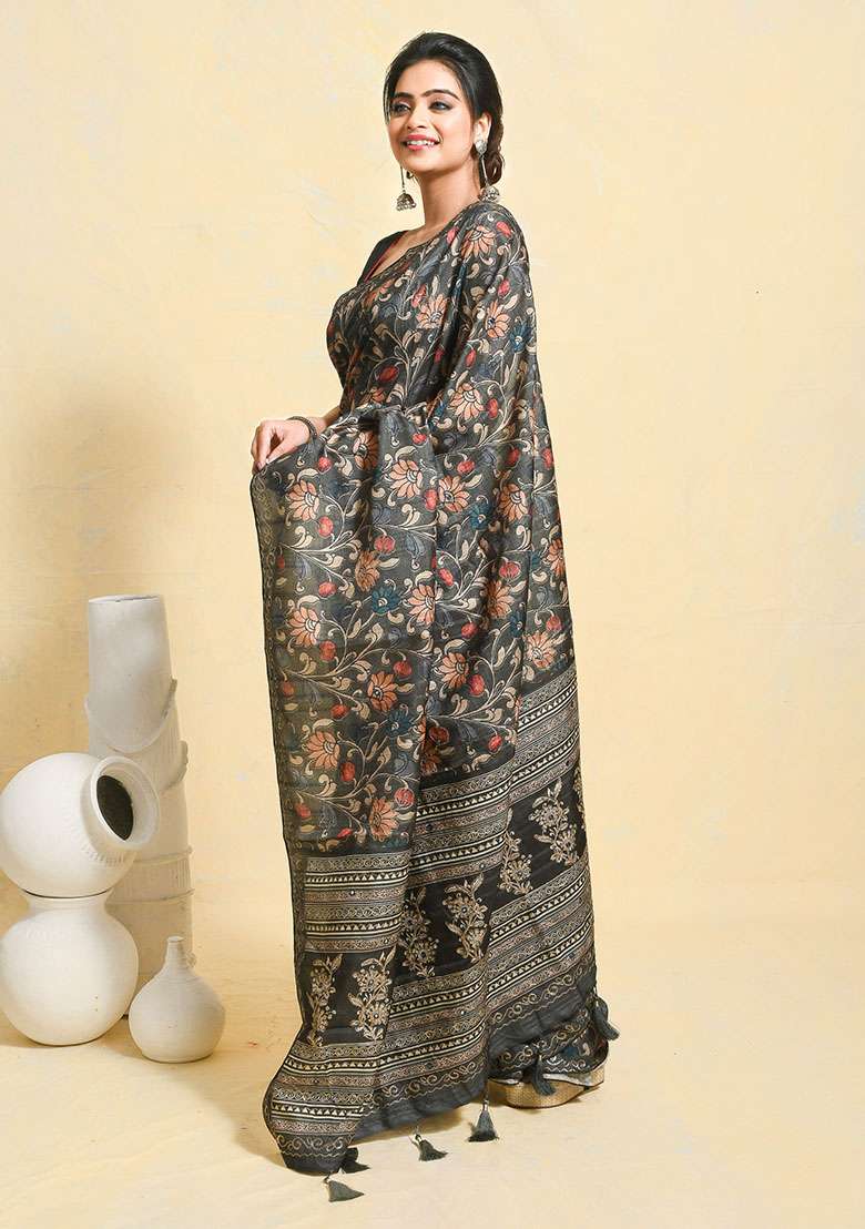 Green Printed Art Silk Blend Saree Set for Diwali and Festive Wear - Indya