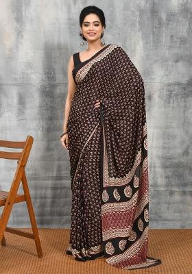 Black Printed Satin Saree Set